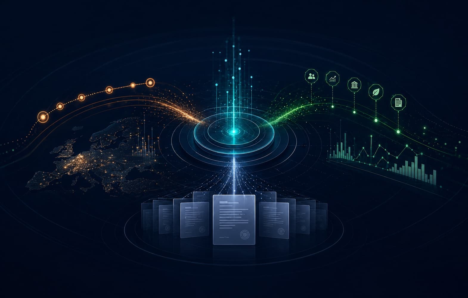 Abstract procurement intelligence evidence layers converging into one Civant view