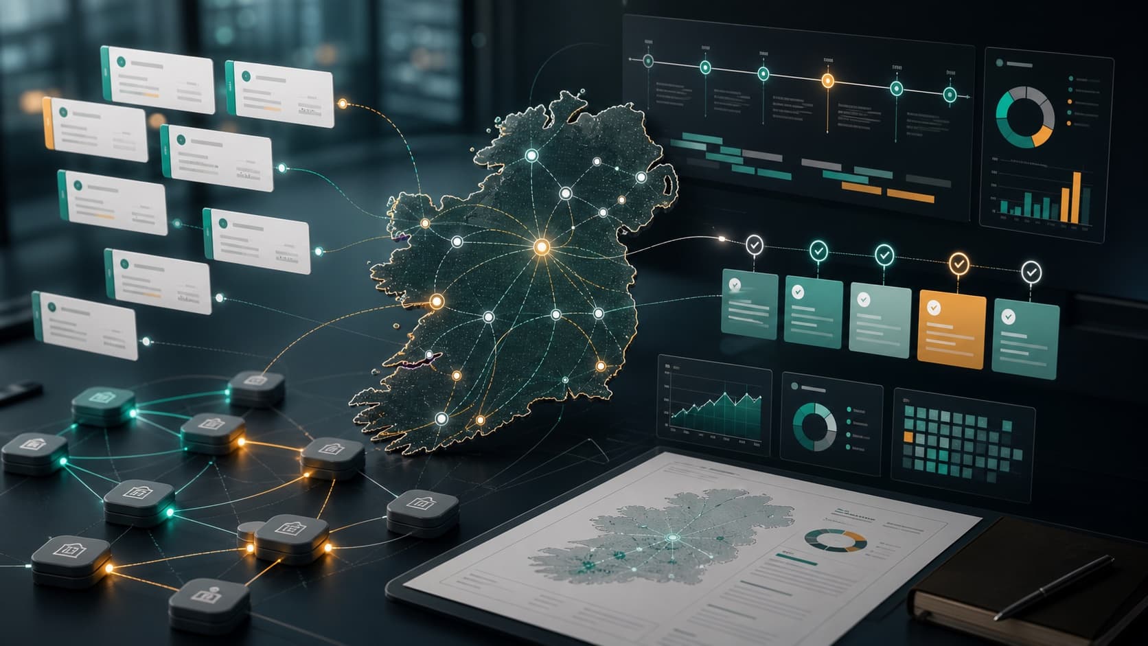 Editorial procurement intelligence visual showing Irish tender data, lifecycle timelines, and buyer-supplier signal networks