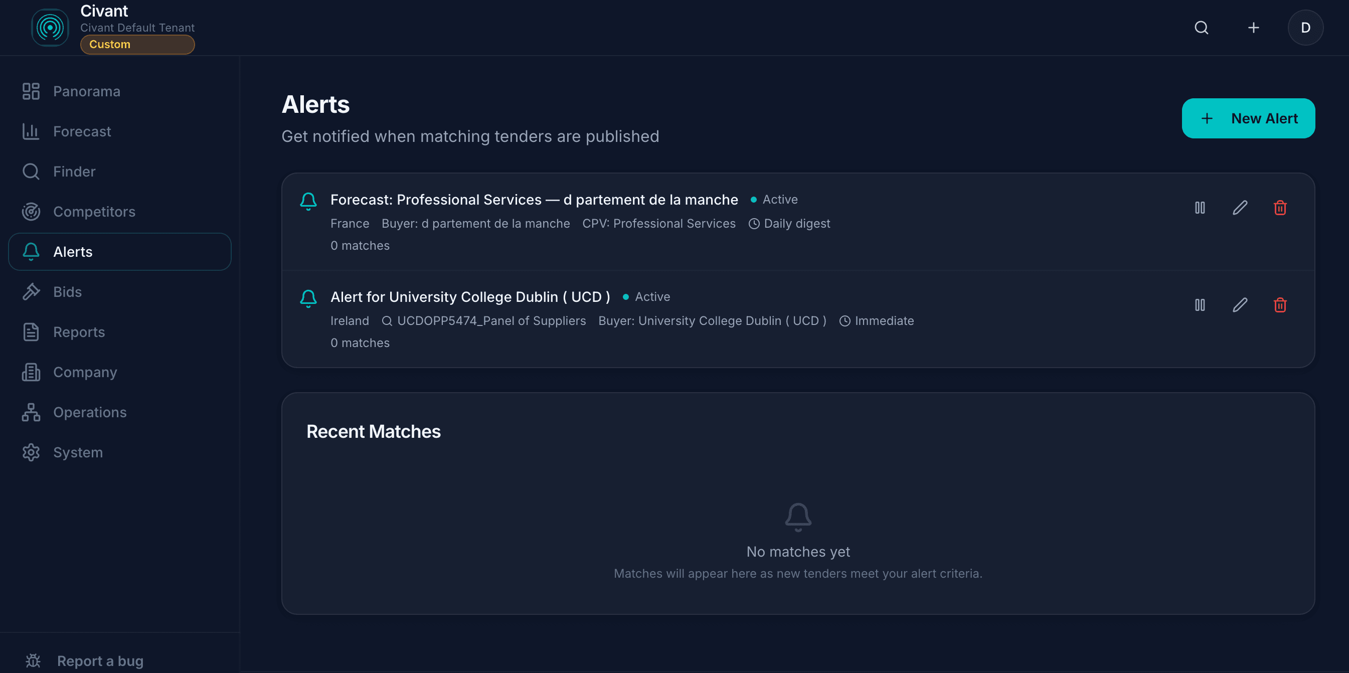 Civant alerts showing evidence-backed market signals