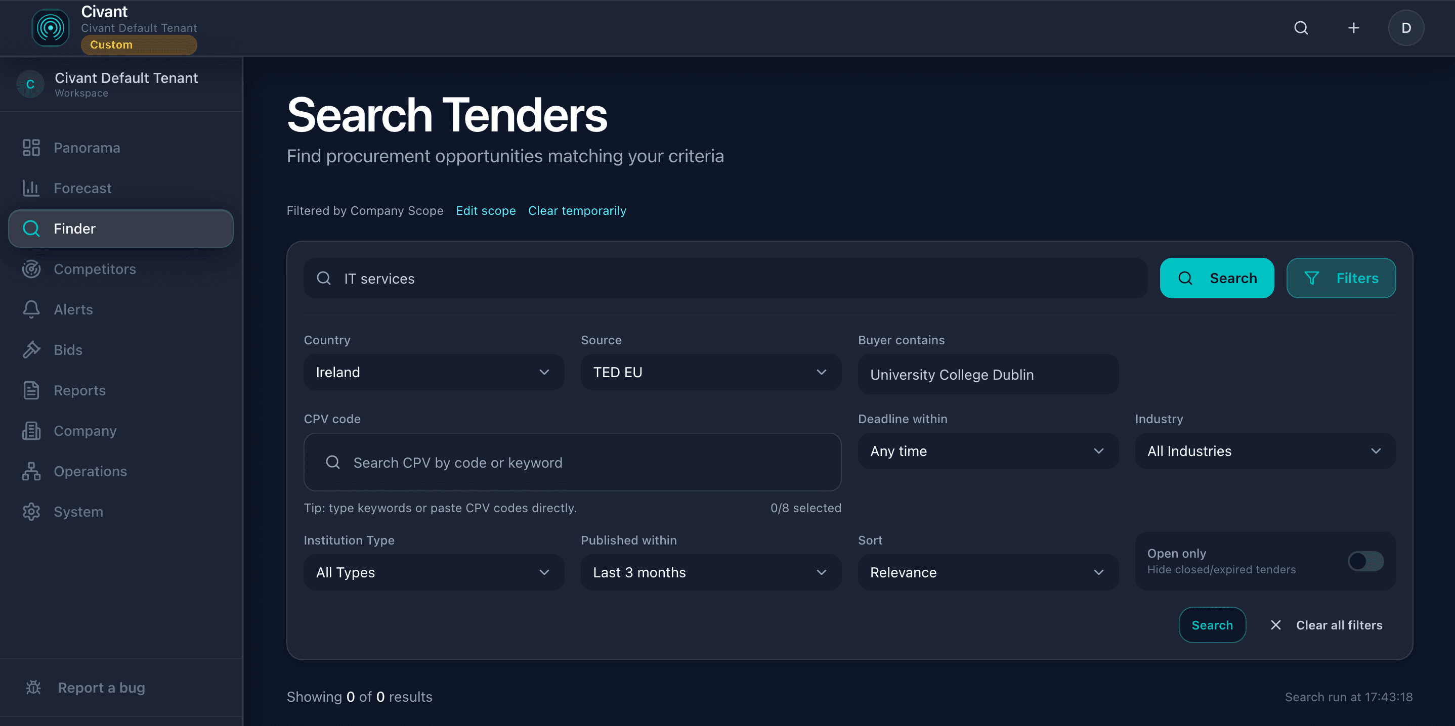 Civant Finder showing company scope, country, source, buyer, and CPV filters
