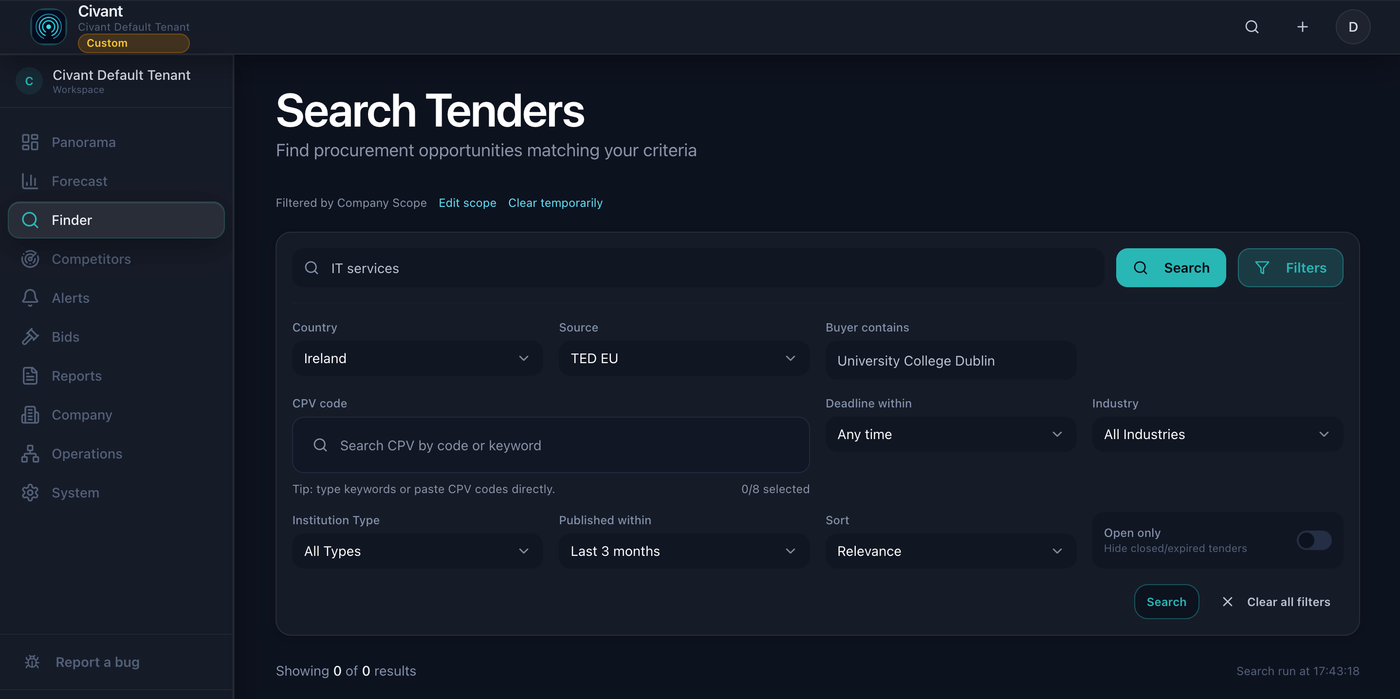 Finder search interface with country, source, buyer, and CPV category filters