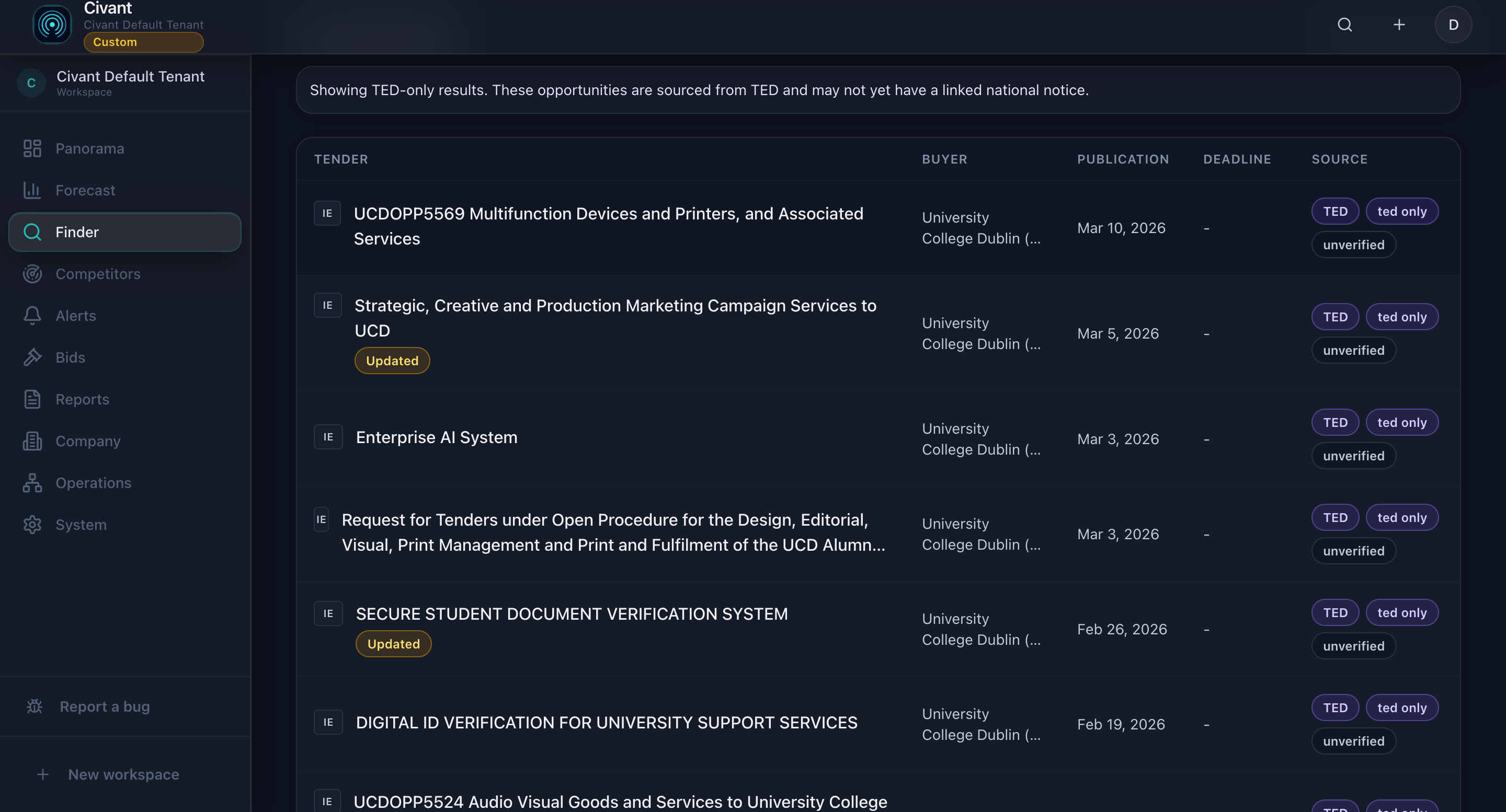 Finder results showing tender opportunities with source tags, dates, and buyer details