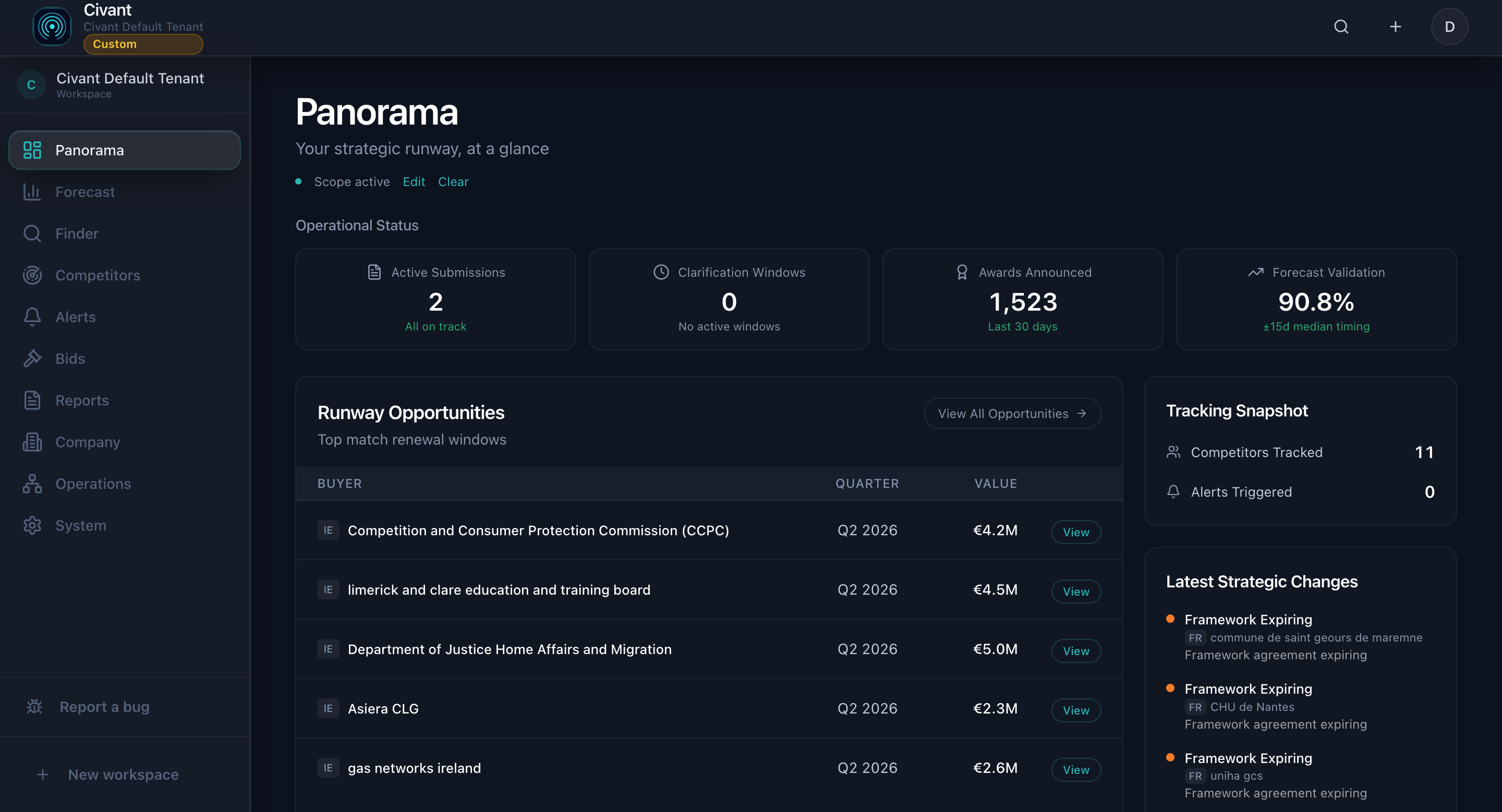 Panorama dashboard showing strategic runway, operational status, and renewal opportunities