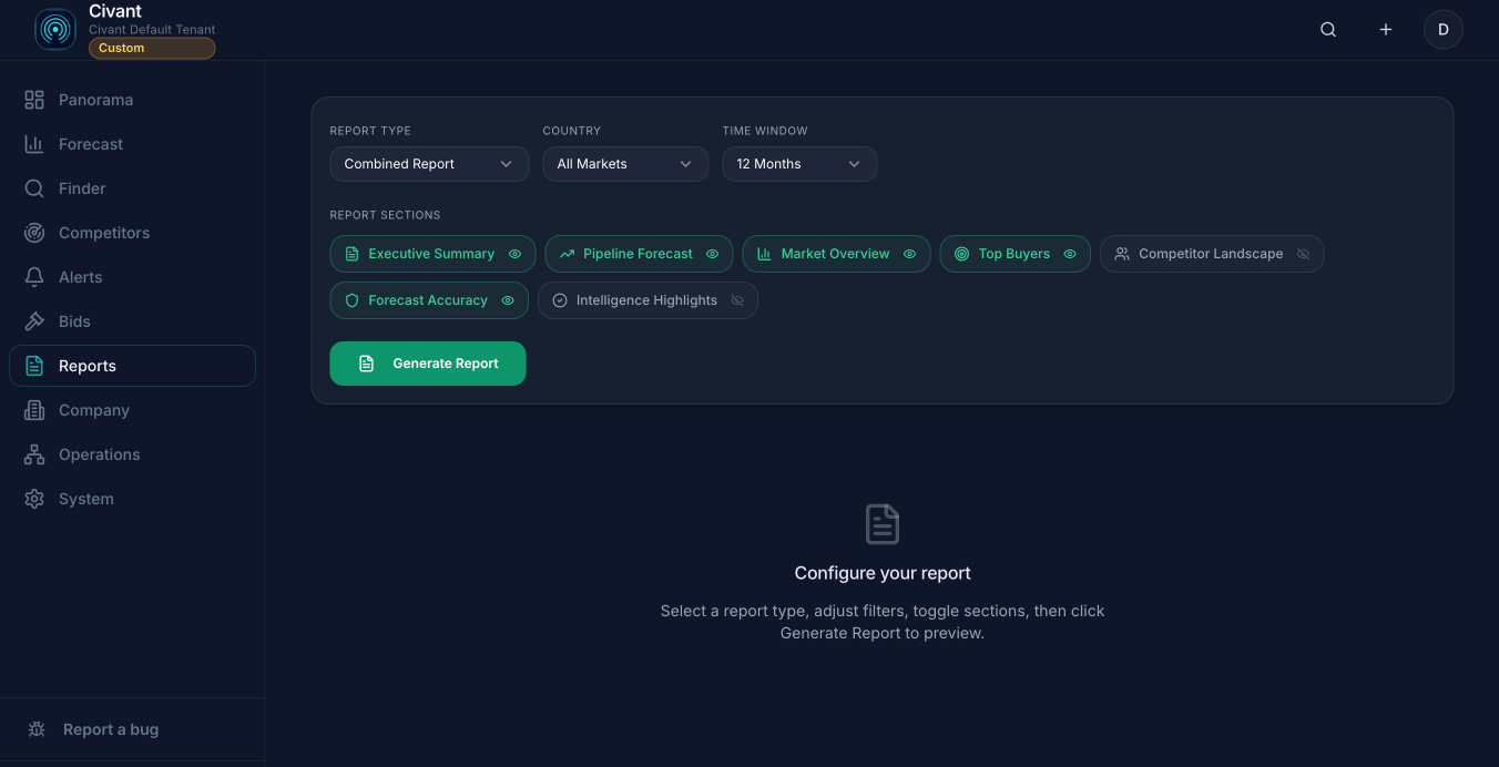 Reports workspace showing report configuration controls and selectable report sections